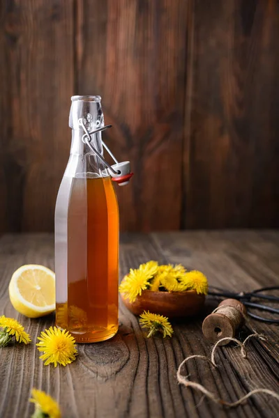 Homemade Healthy Dandelion Syrup Glass Bottle Decorated Fresh Flowers Rustic — Stock Photo, Image