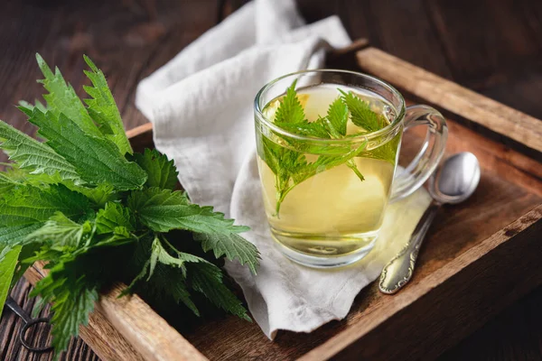 Healthy medicinal drink, nettle tea in a glass cup, decorated with fresh leaves on rustic wooden background