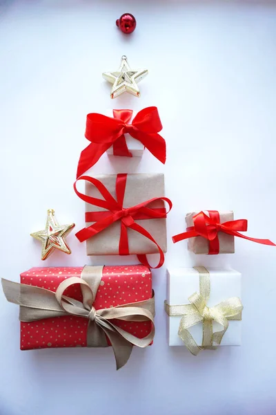 Present gift boxes with bow on white background. — Stock Photo, Image