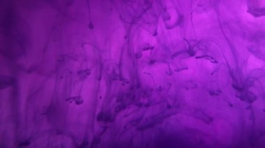 Renkli suluboya damlaları suya karışıyor. Yumuşak mürekkep kıvrılıyor ve sıçrıyor. Yavaş çekim.