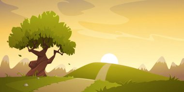 Yaz kırsal alanının karikatür çizimi. Vadide gün batımı ve arka planda dağ. 