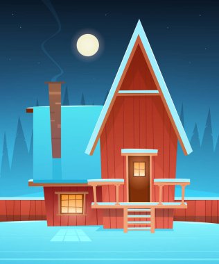 Karla kaplı kırmızı ahşap ev, gece kışı manzarası. 