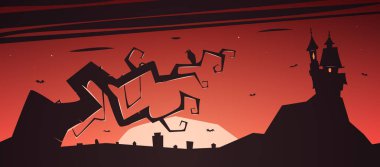 Cadılar Bayramı geçmişi perili eski kale, yarasalar ve arka planda mezarlığı olan dolunay..