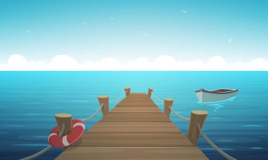 Cartoon illustration of the wooden pier with ropes, life-buoy and boat in the ocean. clipart