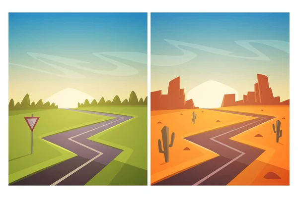 Set Cartoon Landscape Asphalt Road Vector Illustration — Stock Vector