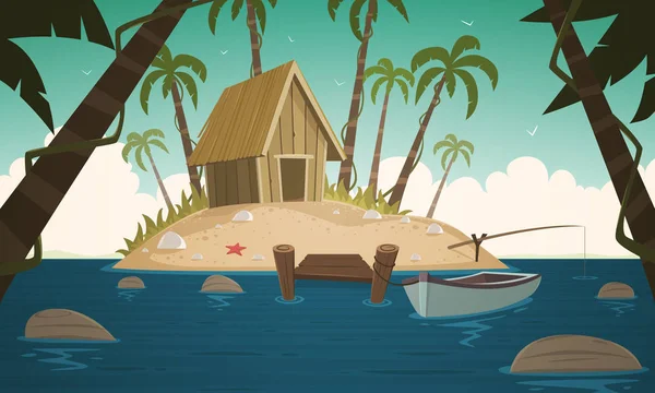 Illustrazione Cartoni Animati Della Piccola Isola Tropicale Con Cabina Legno — Vettoriale Stock