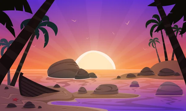 Cartoon Illustration Tropical Beach Old Boat Ocean Background Sunset Time — стоковый вектор
