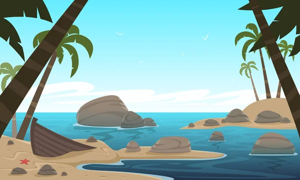 Desenhos Animados Ilustração Praia Tropical Com Barco Velho Oceano Fundo — Vetor de Stock