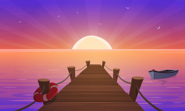 Cartoon illustration of the wooden pier with ropes, life-buoy and boat in the ocean at sunset time.