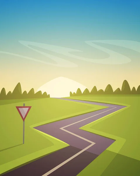 Dibujos Animados Ilustración Carretera Asfalto Sobre Campo — Vector de stock