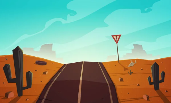 Die Rissige Asphaltstraße Durch Die Wüstenlandschaft Zeichentrickvektorillustration — Stockvektor