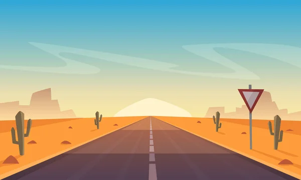 Çöl manzarası ile asfalt yol, karikatür vektör çizim.