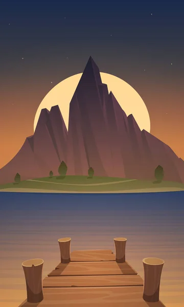 Paysage Dessins Animés Nocturnes Été Quai Sur Lac Avec Montagne — Image vectorielle