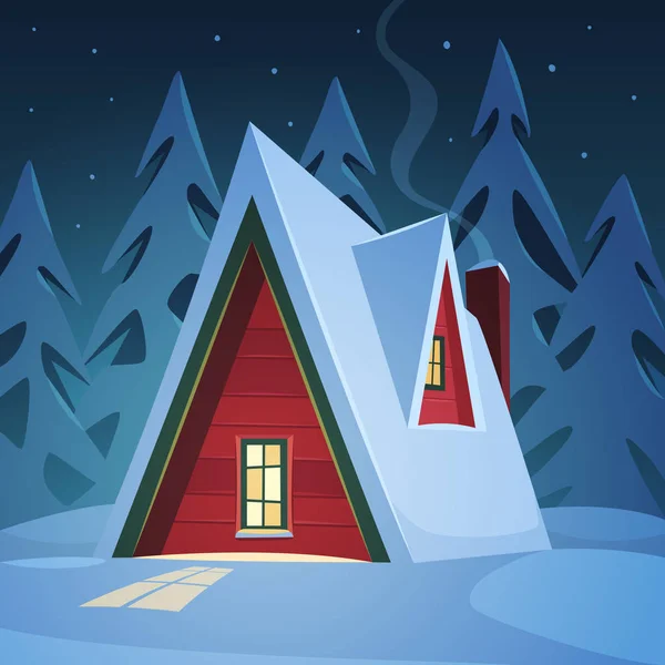 Winter night landscape, red wooden house covered with snow. 