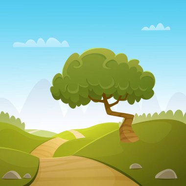 Köy yolunda, yaz yatay çizgi film gösterimi.