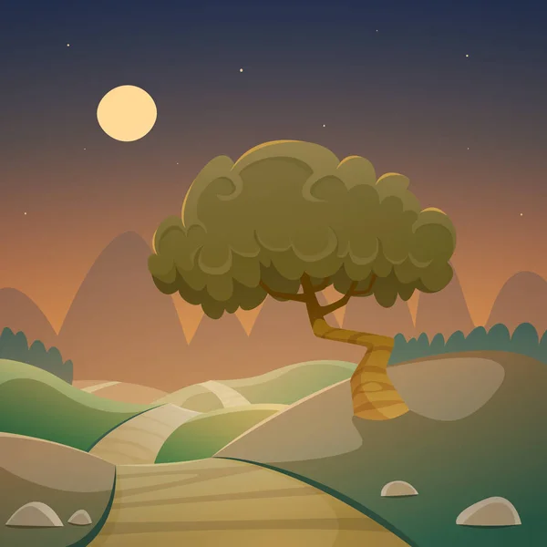 Cartoon Illustratie Van Het Landschap Van Nacht Met Landweg — Stockvector