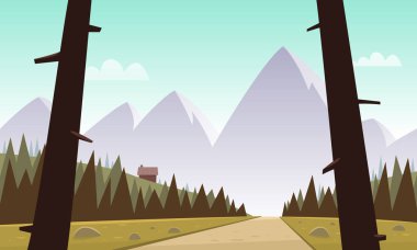 Kır yollu dağ manzarasının karikatür çizimi.