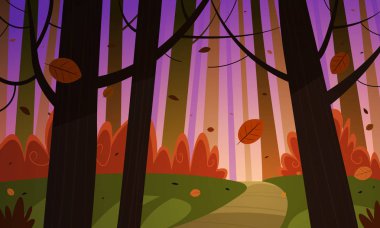 İzli sonbahar ormanının çizgi film çizimi.