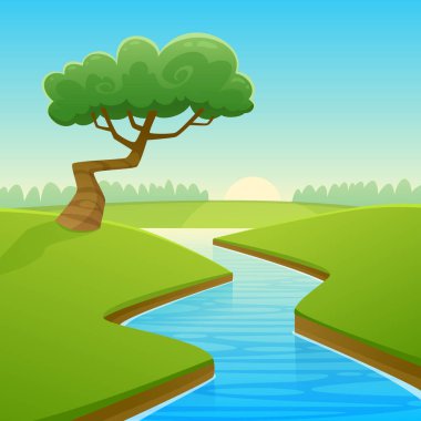 Yazın karada ve ağaçta nehir olan kırsal arazinin karikatür çizimi.