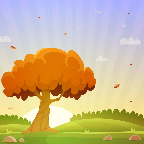 Sunset Meadow Tree Autumn Countryside Cartoon Landscape Illustration — Stock Vector