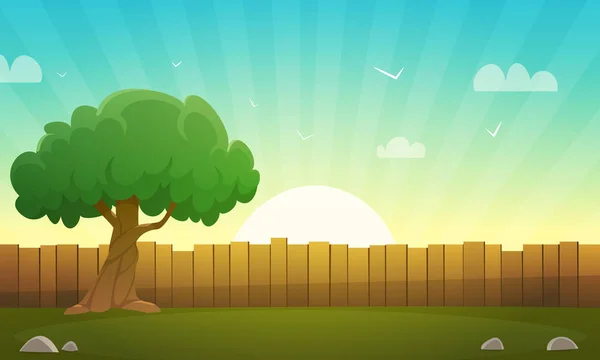 背景中带有树和太阳光的木制栅栏的卡通画 — 图库矢量图片