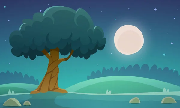 Nacht Auf Der Wiese Mit Baum Landschaft Cartoon Landschaft Illustration — Stockvektor