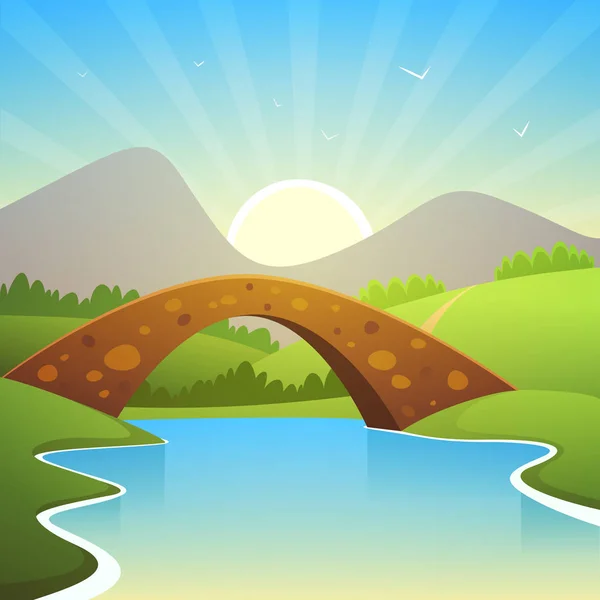 Cartoon Summer Landscape Bridge Mountains Background — Stock Vector