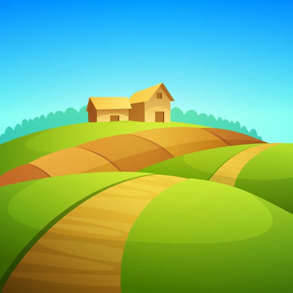 带有农场谷仓的农村景观 卡通人物插图 — 图库矢量图片