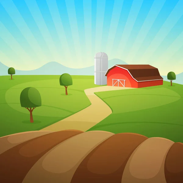 赤い農場の納屋 田園風景 漫画のベクトルのイラスト — ストックベクタ