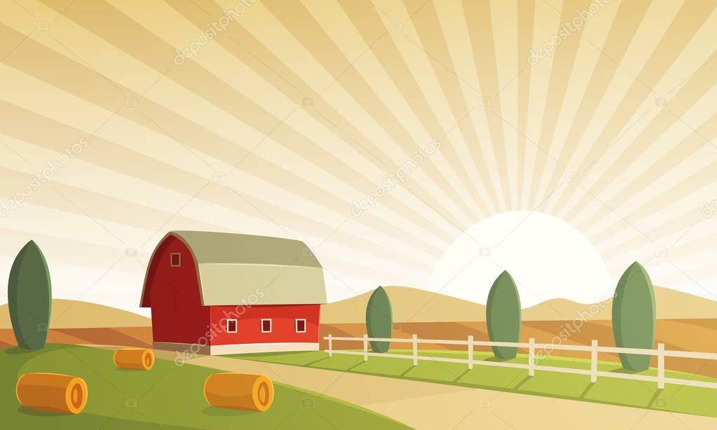 Red farm barn at sunset, countryside landscape, cartoon vector illustration.