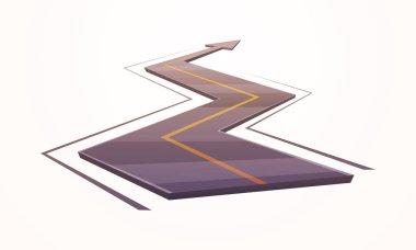 Ok şeklinin işareti olarak asfalt yolun vektör çizimi. Seyahat konsepti vektör illüstrasyonu.