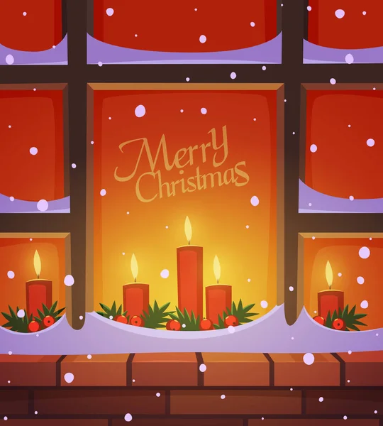Verschneite Fenster Mit Weihnachtsdekoration Weihnachtsgrußkarte Cartoon Vektor Illustration — Stockvektor