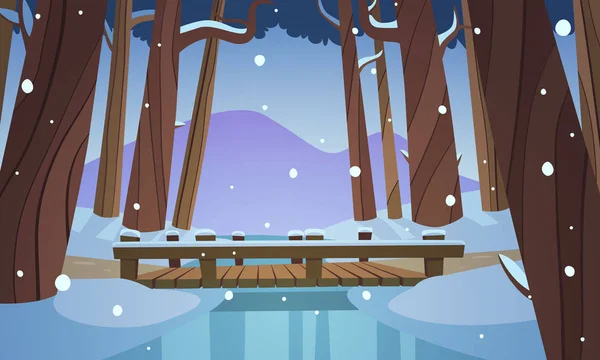 森の中の小さな木製の橋の漫画のイラスト 冬の風景 — ストックベクタ