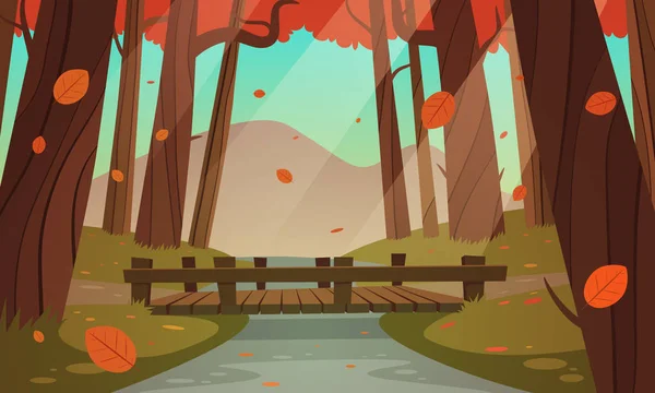 Γελοιογραφία Απεικόνιση Της Μικρής Ξύλινης Γέφυρας Στο Δάσος Φθινοπωρινό Τοπίο — Διανυσματικό Αρχείο
