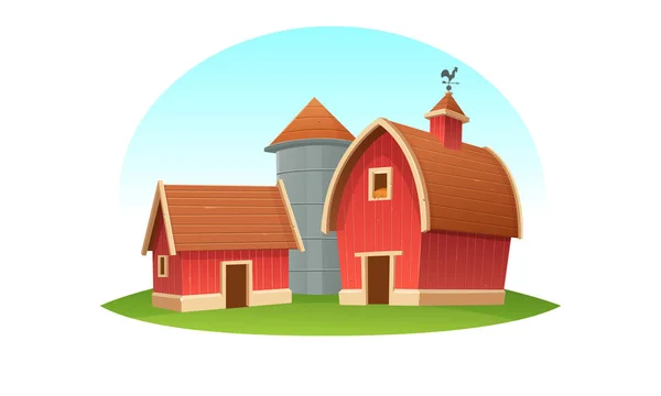 Rode Boerderij Schuur Met Graan Silo Geïsoleerd Cartoon Vector Illustratie — Stockvector