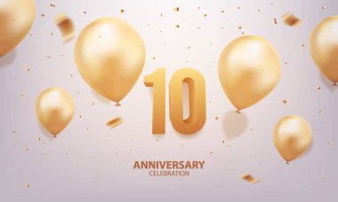 10. yıldönümü kutlaması. Konfeti ve balonlu 3D altın sayılar..