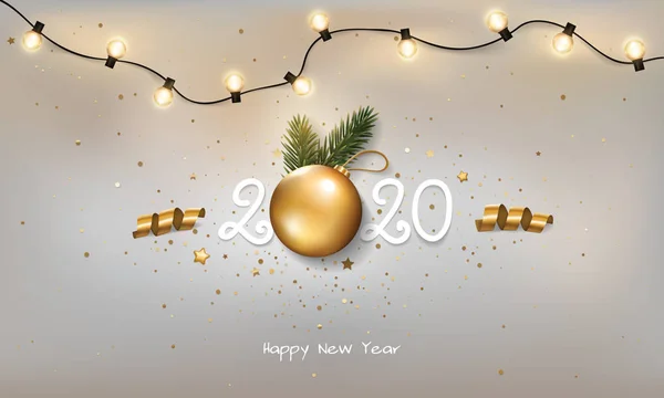 Yeni yılınız kutlu olsun. Beyaz arka planda, Noel ışığı ve dekorasyonu ile..