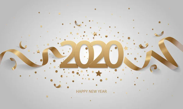 Bonne Année 2020 Chiffres Avec Rubans Confettis Sur Fond Blanc — Image vectorielle