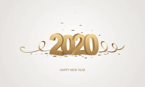 2020年新年快乐 白色背景上带丝带和纸屑 — 图库矢量图片