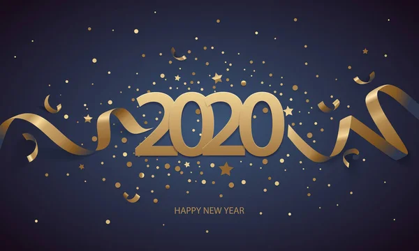 Frohes Neues Jahr 2020 Goldene Zahlen Mit Bändern Und Konfetti — Stockvektor
