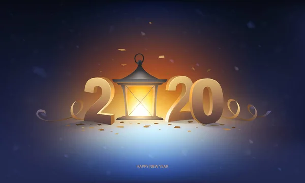 Happy New Year 2020 Background Lantern Snow Golden Numbers Confetti — Stock Vector