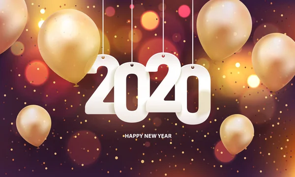 Mutlu yıllar 2020. Üzerinde balonlar ve renkli bulanık bir arka plana konfeti olan beyaz kağıt numaralar asmak.