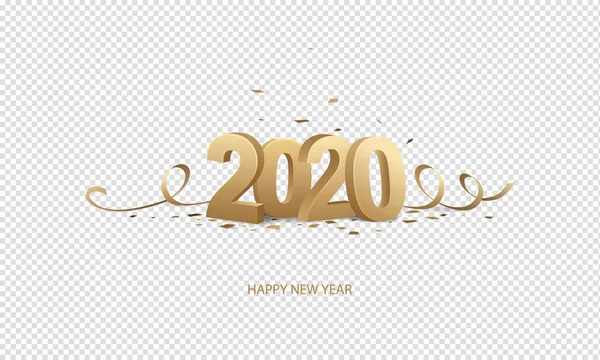 祝2020年新年快乐 带有透明背景的彩带和彩带的金色3D数字 — 图库矢量图片