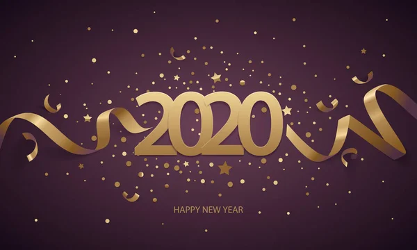 Новым 2020 Годом Золотые Номера Лентами Конфетти Темно Фиолетовом Фоне — стоковый вектор