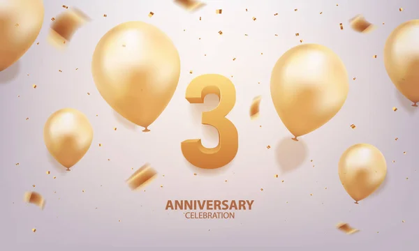 3. yıl dönümü kutlamaları. Konfeti ve balonlu 3D altın sayı.
