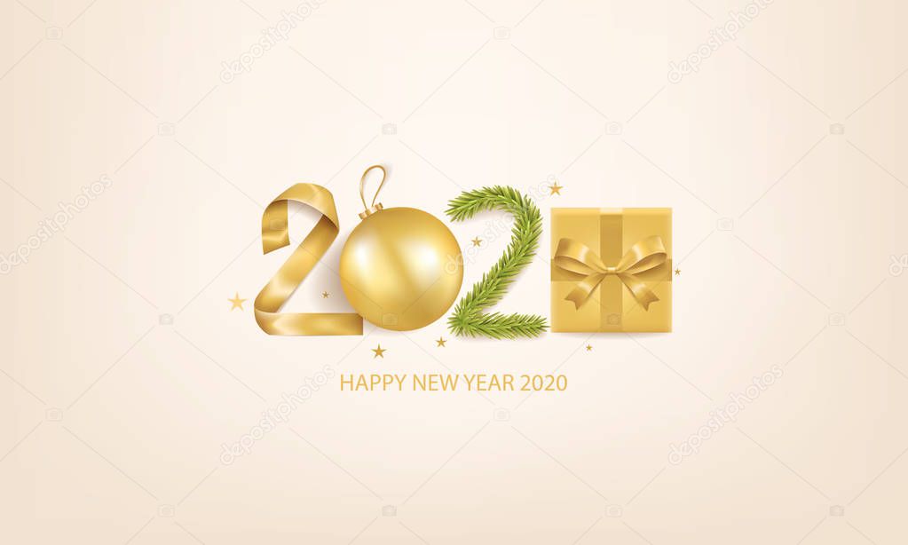 Happy New Year 2020 background with Christmas decoration and gift box.