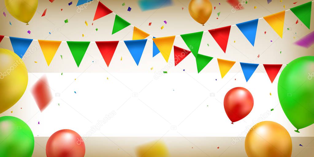 Colorful confetti, balloons and party flags with white banner. Celebration background. Vector illustration.