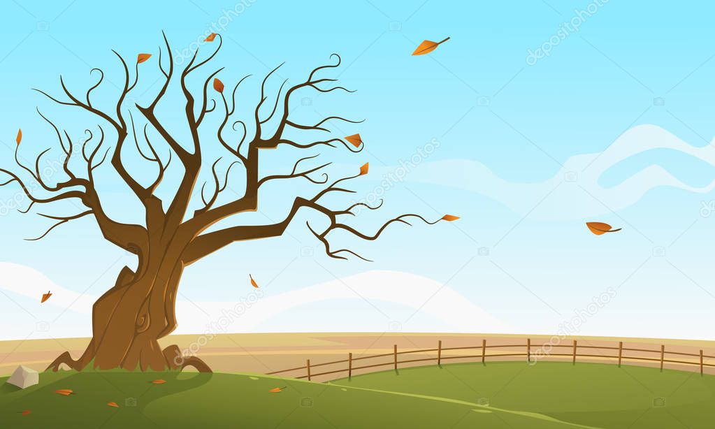 Rural countryside landscape in the fall time. Autumn landscape. Cartoon vector illustration.