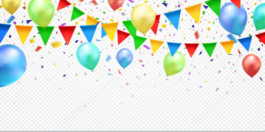 Colorful confetti, balloons and party flags, isolated on transparent background. Celebration background. Vector illustration.