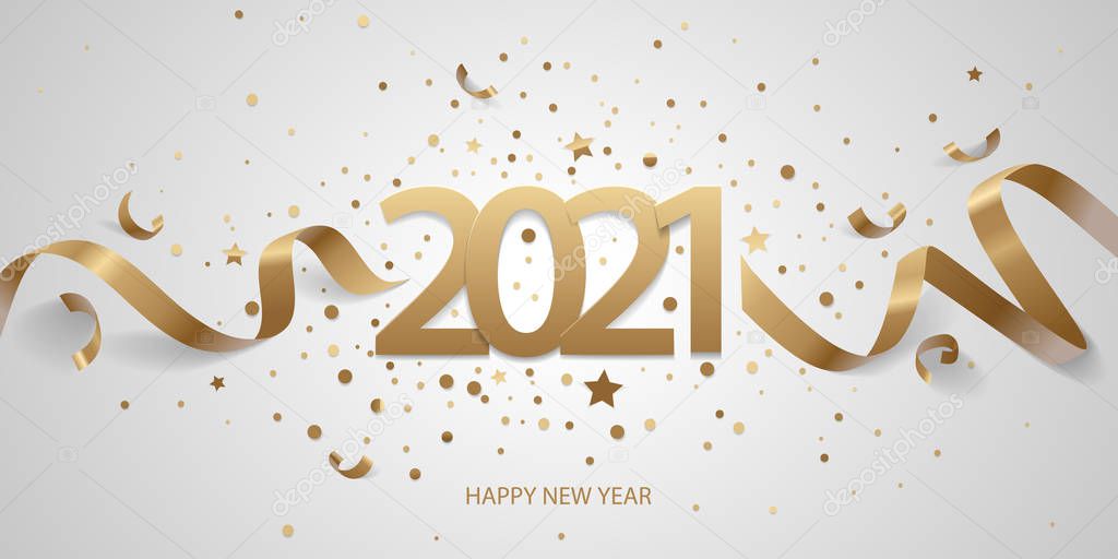 Happy New Year 2021. Golden numbers with ribbons and confetti on a white background.